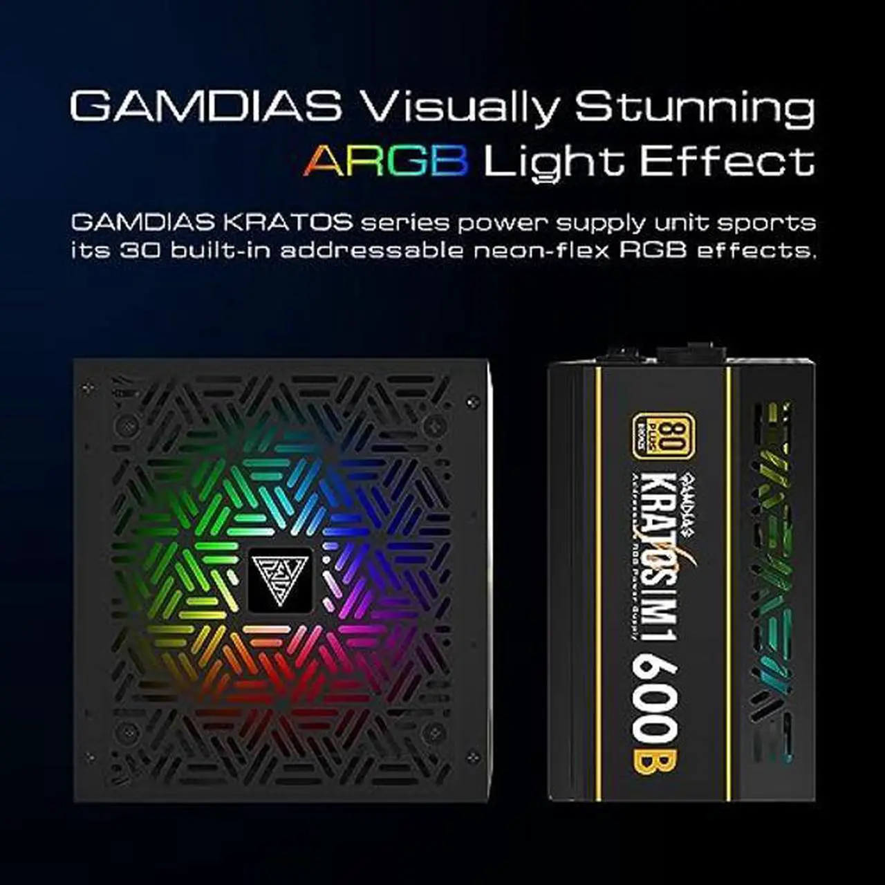 Alt view image 3 of 5 - GAMDIAS RGB Gaming PC Power Supply 600W 80 Plus Bronze Certified 600 Watt PSU for Computers with Active PFC, Kratos M1-600B