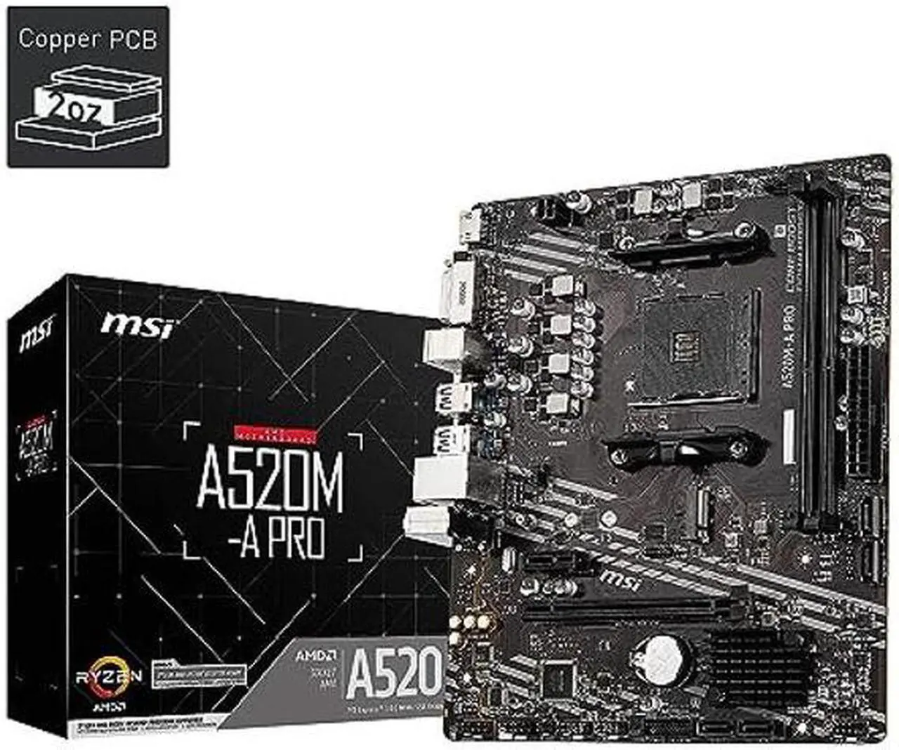 Main image of MSI A520M-A PRO Gaming Motherboard (AMD AM4, DDR4, PCIe 3.0, SATA 6Gb/s, M.2, USB 3.2 Gen 1, DVI/HDMI, Micro-ATX)