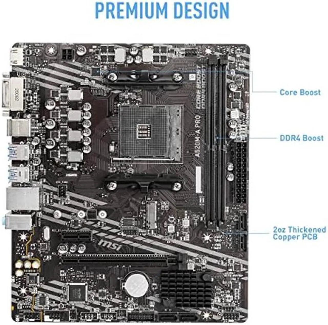Alt view image 2 of 5 - MSI A520M-A PRO Gaming Motherboard (AMD AM4, DDR4, PCIe 3.0, SATA 6Gb/s, M.2, USB 3.2 Gen 1, DVI/HDMI, Micro-ATX)