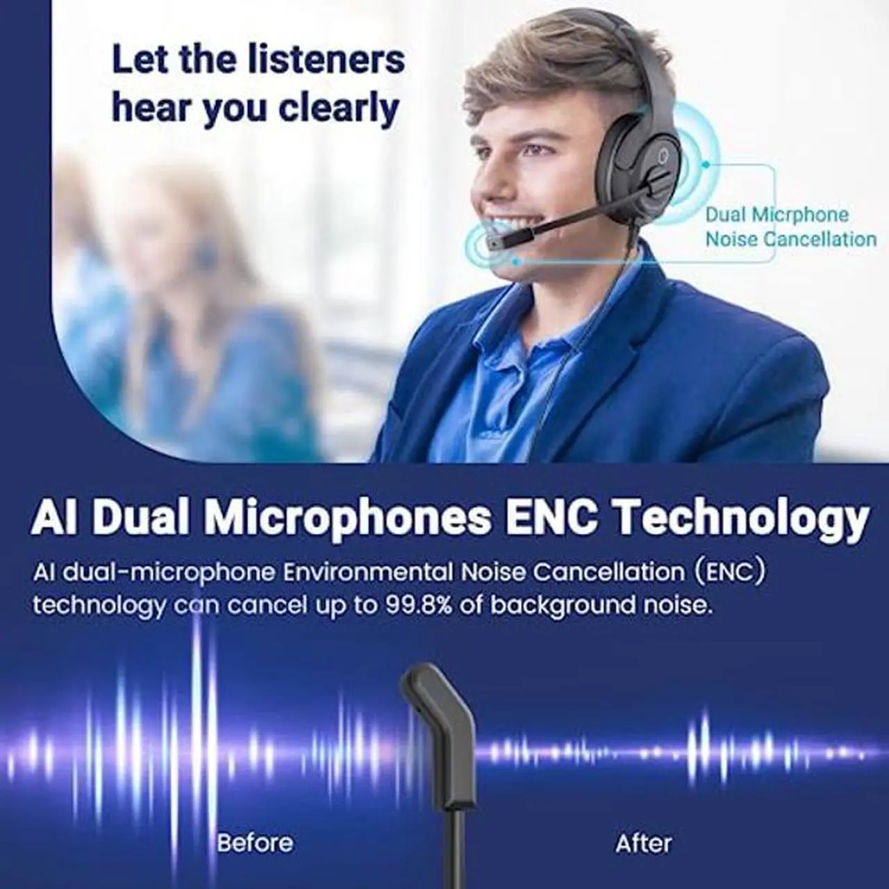 Alt view image 2 of 5 - Headset with Microphone for PC, USB Computer Headsets AI-Powered Environmental Noise Cancelling Headphone with Busylight, Mic Mute Boom & Volume Control, Wired Over-Ear Headset for Laptop/Work/Office