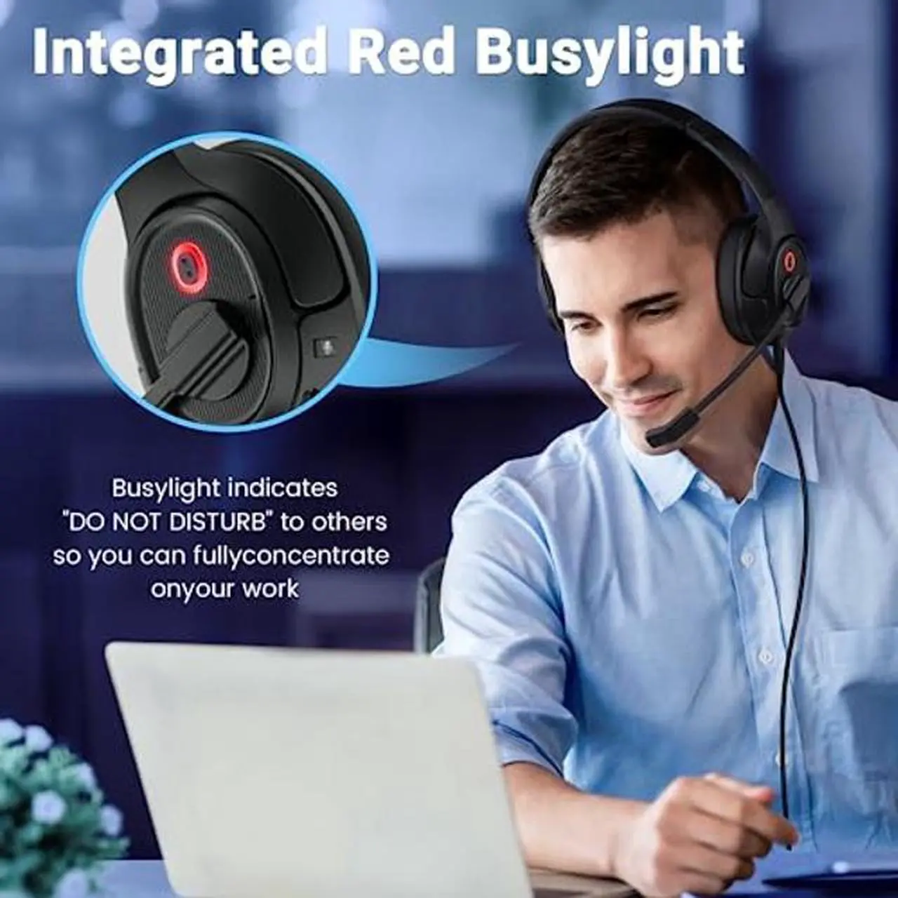 Alt view image 4 of 5 - Headset with Microphone for PC, USB Computer Headsets AI-Powered Environmental Noise Cancelling Headphone with Busylight, Mic Mute Boom & Volume Control, Wired Over-Ear Headset for Laptop/Work/Office