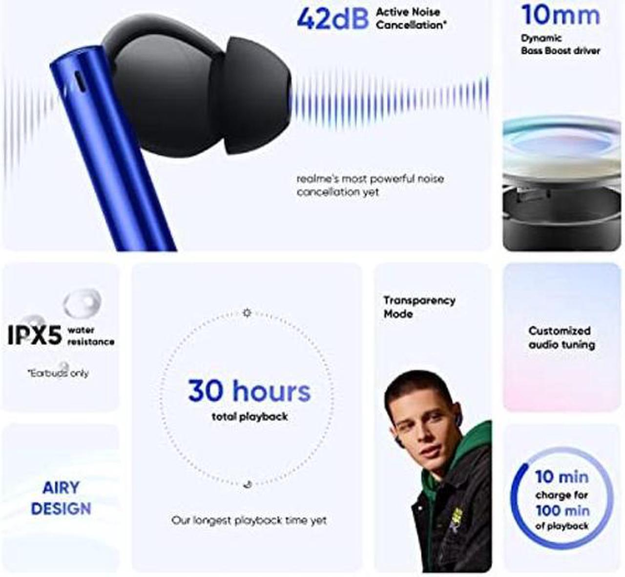 Alt view image 4 of 5 - realme Buds Air 3 Wireless Earbuds, Active Noise Cancellation, 10mm Dynamic Bass Boost Driver, Up to 30 Hours Playtime, IPX5 Water Resistance - (Lemans Blue)