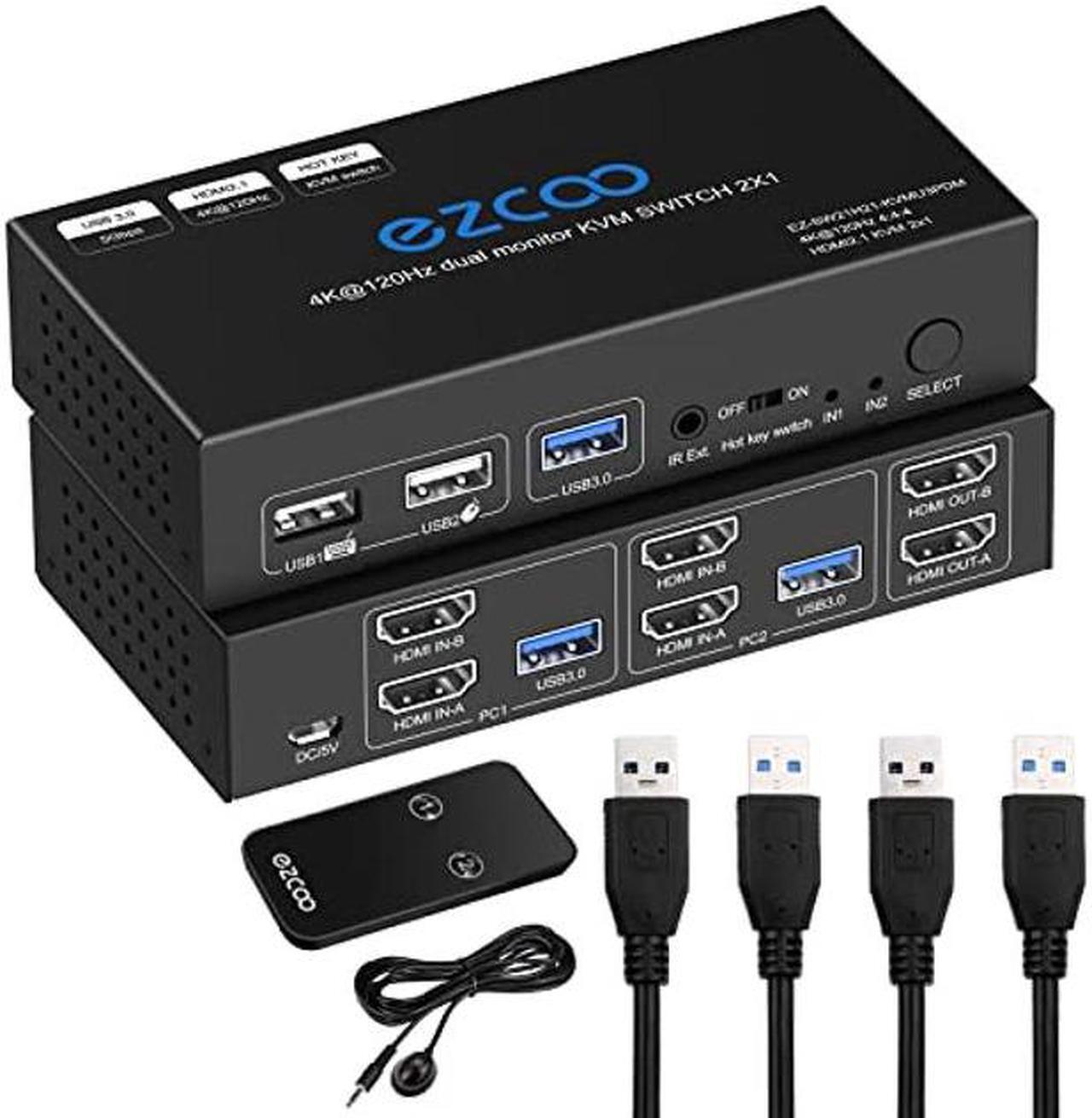 Main image of USB 3.0 KVM Switch HDMI Dual Monitor 2 Computer 4K 120Hz 8K VRR G/Sync Atmos HotKey Toggle IR Remote- KVM Extend Display Keyboard Mouse Printer, USB 3.0 Cable, IR Extender, HDMI 2.1 HDCP 2.3 21KVMDM