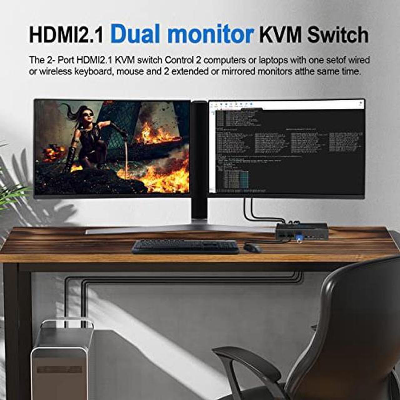 Alt view image 5 of 5 - USB 3.0 KVM Switch HDMI Dual Monitor 2 Computer 4K 120Hz 8K VRR G/Sync Atmos HotKey Toggle IR Remote- KVM Extend Display Keyboard Mouse Printer, USB 3.0 Cable, IR Extender, HDMI 2.1 HDCP 2.3 21KVMDM