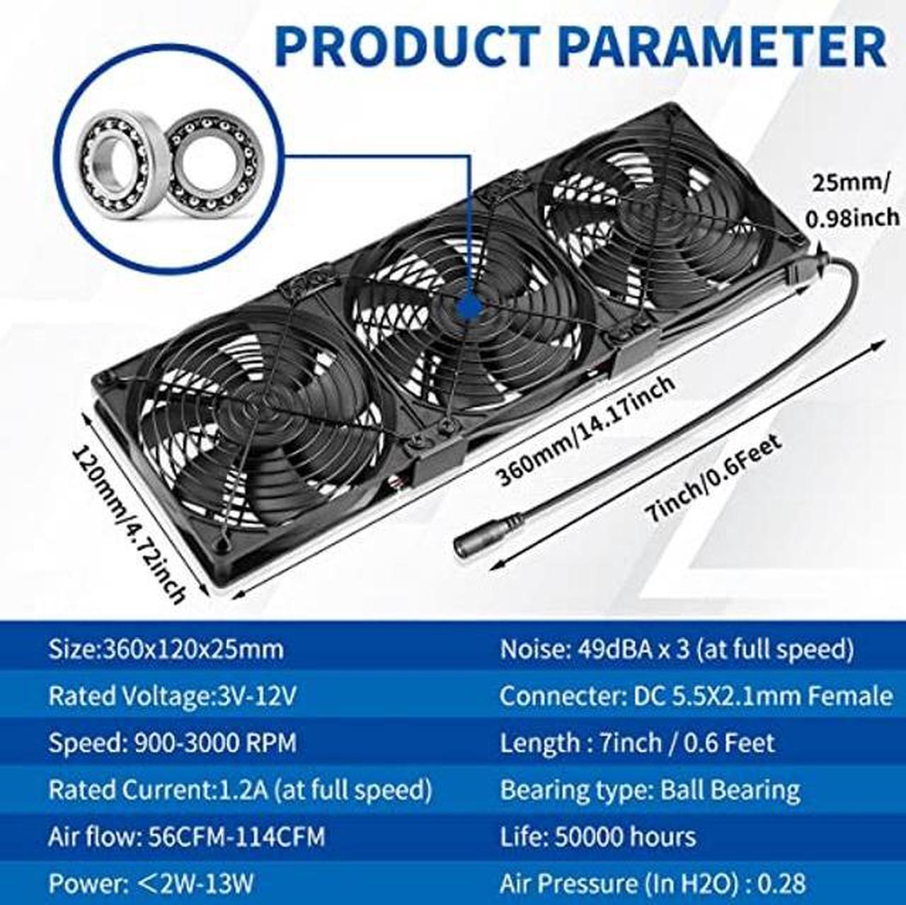 Alt view image 5 of 5 - WDERAIR 3 x 120mm High CFM 110v-240v Computer Pc Case Fan with AC Plug for Cooling CPU Cabinets, PS4, Small Box, RV Refrigerator, Window, Registered Booster for DIY Exhaust Project