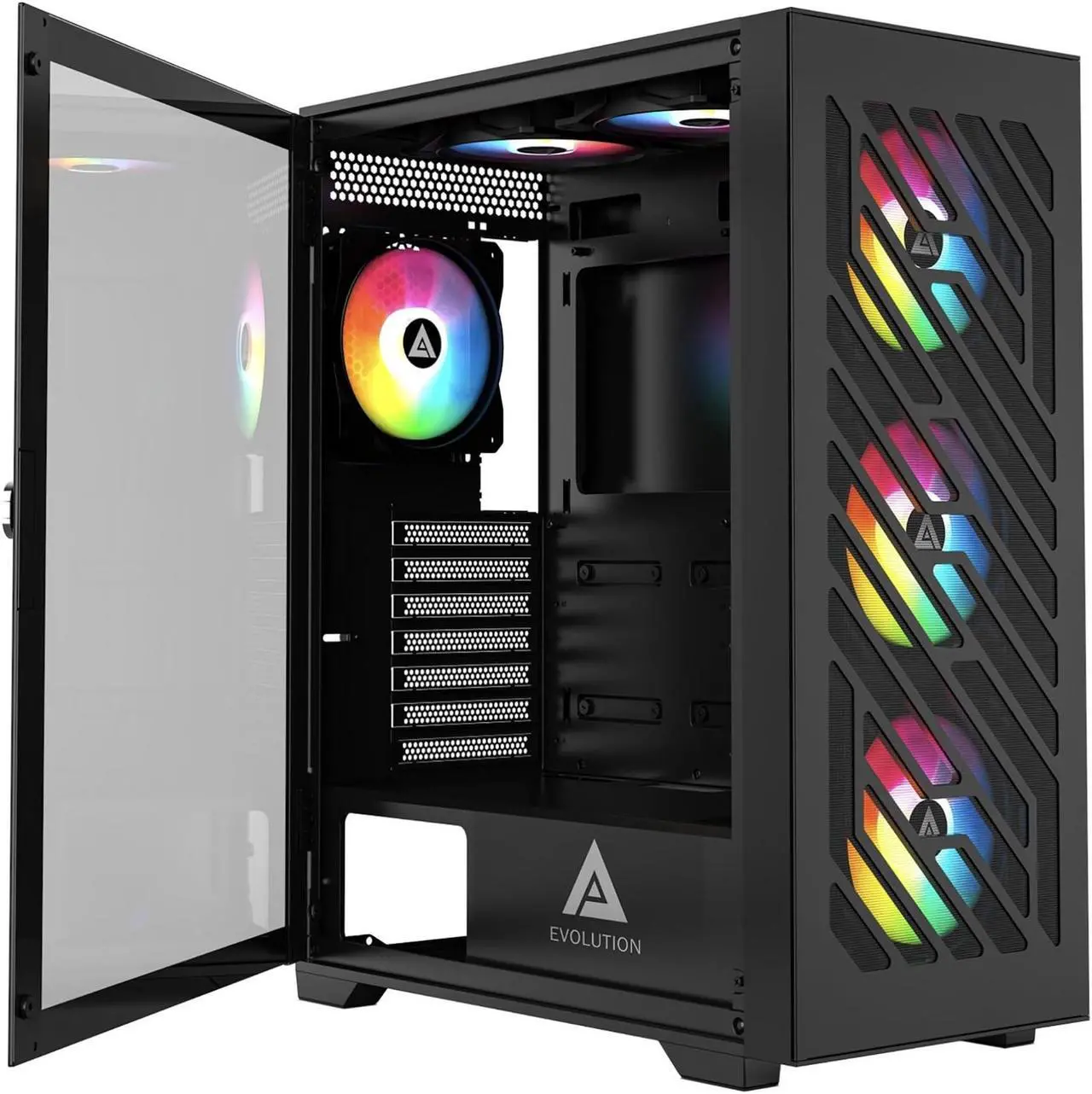 Main image of Apevia EVOLUTION-BK Evolution Mid Tower Gaming PC Case w/ 6x 120mm PWM ARGB Fans, 366 RGB Light Modes, 1x Metal Plate Mesh Front Panel, 1x Door Swivel Style Magnetic Glass Side Panel, 2x USB3.0, Black