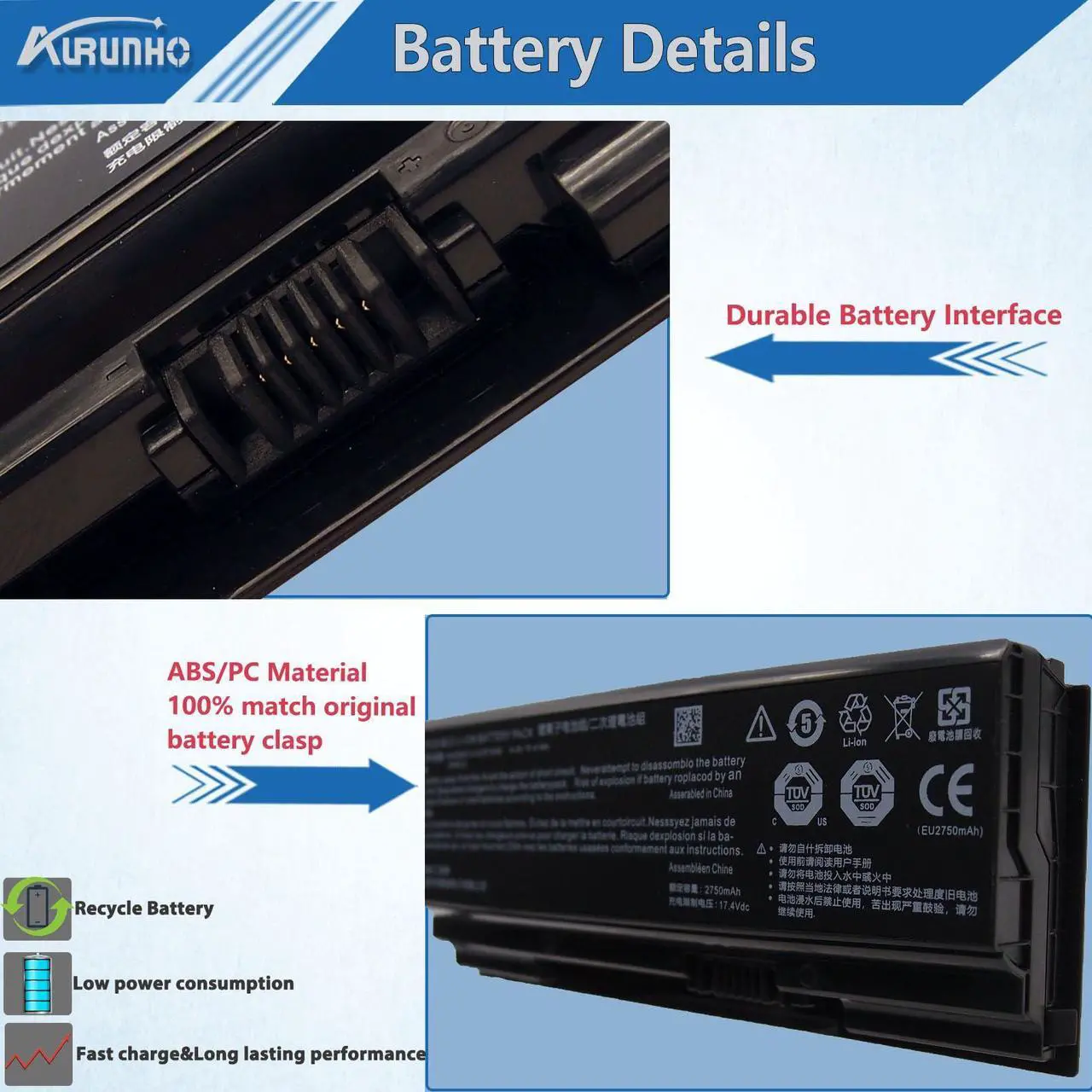 Alt view image 3 of 5 - AURUNHO NH50BAT-4 Laptop Battery Replacement for Gigabyte G5 KC KD GD MD Gigabyte G7 KC GD MD Clevo Hasee G7T-CU7NS G7M-CT7NK G8-CT7NK G9-CT7PK Series 14.6V 41Wh