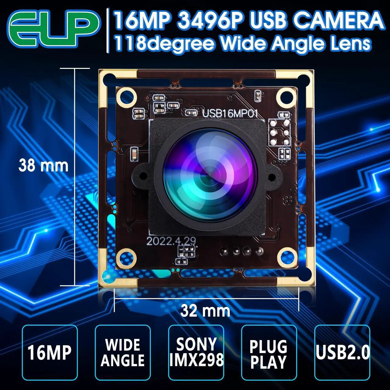 Alt view image 2 of 5 - ELP 16MP Wide Angle USB Camera Module for Raspberry Pi and Computer 4K Mini UVC USB2.0 Video Webcam Board with 118degree No Distortion Lens IMX298 Industrial PC Lightburn Camera for Laptop,Jetson Nano