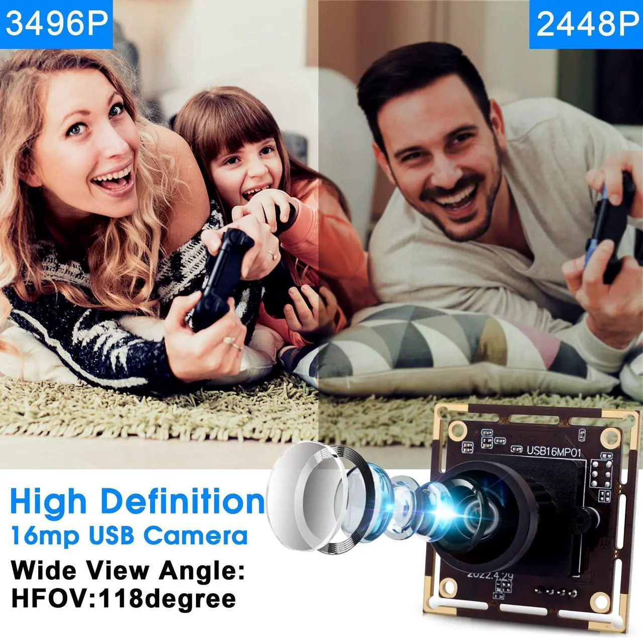 Alt view image 3 of 5 - ELP 16MP Wide Angle USB Camera Module for Raspberry Pi and Computer 4K Mini UVC USB2.0 Video Webcam Board with 118degree No Distortion Lens IMX298 Industrial PC Lightburn Camera for Laptop,Jetson Nano