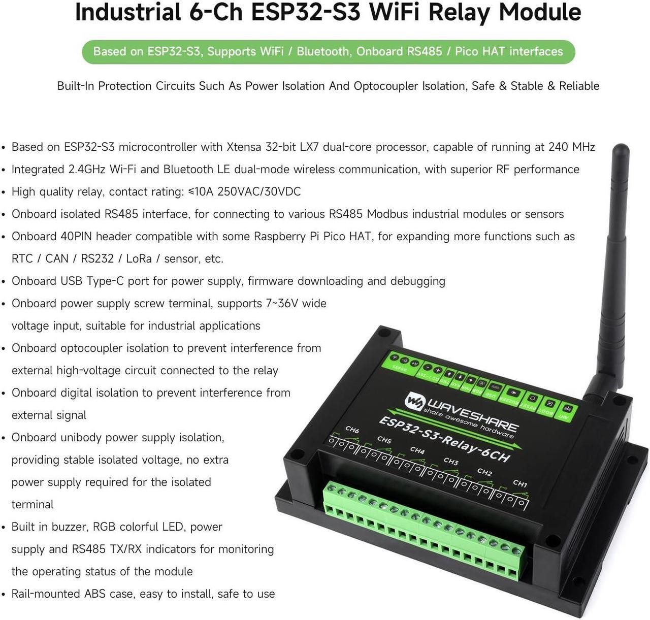 Alt view image 3 of 5 - Waveshare Industrial 6-Channel ESP32-S3 WiFi Relay Module, Supports WiFi/Bluetooth/RS485 Control, Onboard RS485 / Pico HAT Interfaces, with Multiple Isolation Protection Circuits