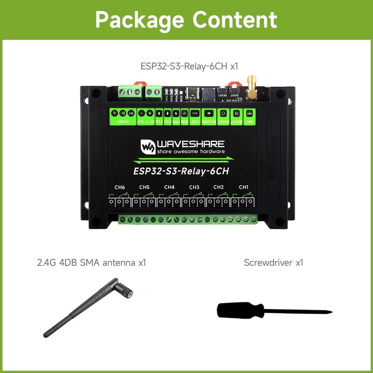 Alt view image 2 of 5 - Waveshare Industrial 6-Channel ESP32-S3 WiFi Relay Module, Supports WiFi/Bluetooth/RS485 Control, Onboard RS485 / Pico HAT Interfaces, with Multiple Isolation Protection Circuits