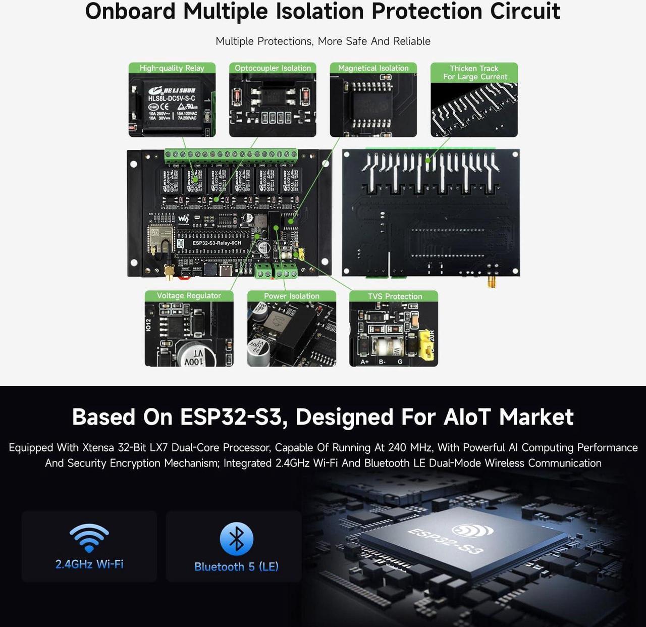 Alt view image 5 of 5 - Waveshare Industrial 6-Channel ESP32-S3 WiFi Relay Module, Supports WiFi/Bluetooth/RS485 Control, Onboard RS485 / Pico HAT Interfaces, with Multiple Isolation Protection Circuits