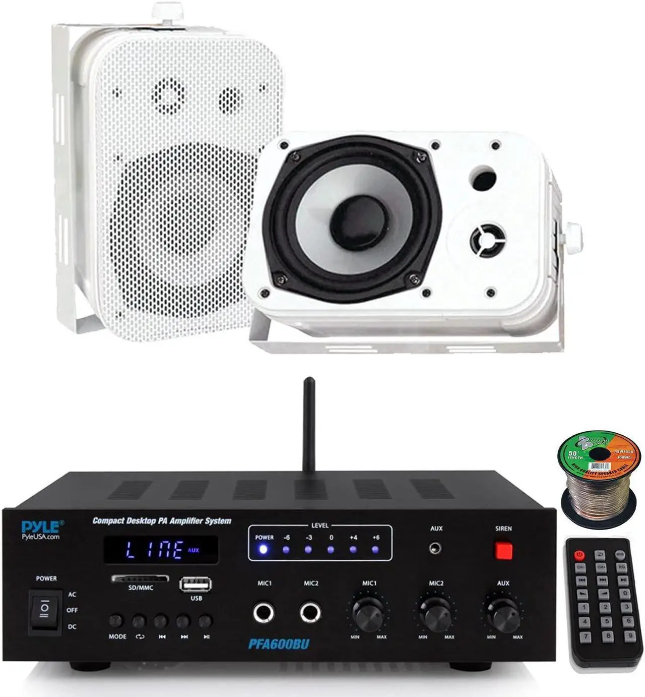 Main image of Pyle PFA600BU Compact Bluetooth USB AUX FM Radio Public Address Amplifier Receiver System Combo Bundle with 2X 5.25 400W Max Power Indoor/Outdoor White Waterproof Speakers, 16 Gauge Speaker Wire