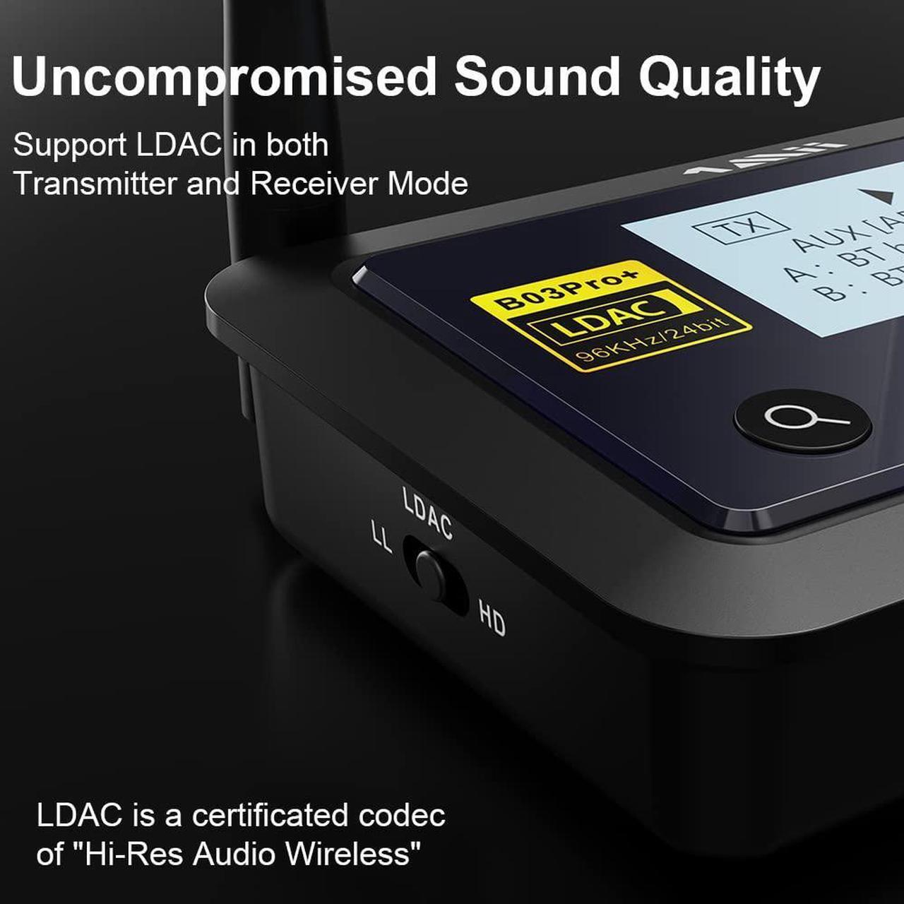 Alt view image 2 of 5 - 1Mii B03Pro+ Bluetooth 5.0 Transmitter Receiver Certified LDAC for TV Home Stereo, Long Range Bluetooth Extender Wireless Audio Adapter with Screen, Optical RCA AUX 3.5mm Outputs/Inputs