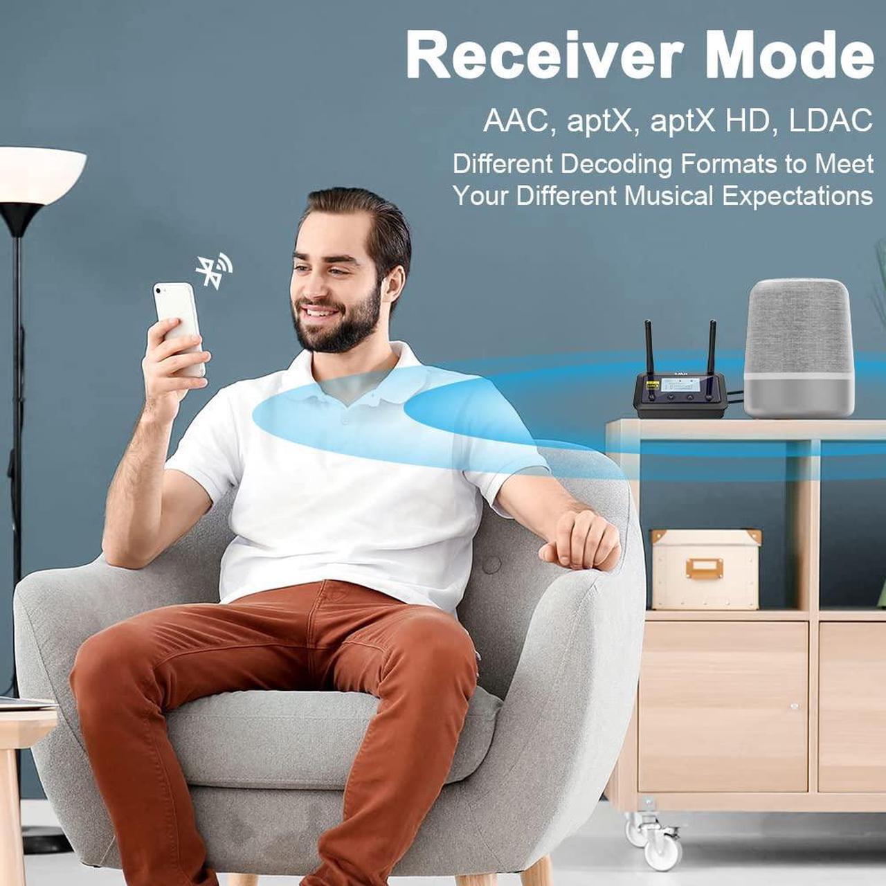 Alt view image 3 of 5 - 1Mii B03Pro+ Bluetooth 5.0 Transmitter Receiver Certified LDAC for TV Home Stereo, Long Range Bluetooth Extender Wireless Audio Adapter with Screen, Optical RCA AUX 3.5mm Outputs/Inputs