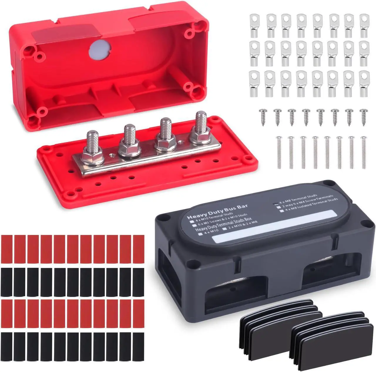 Main image of Ailbiuko 300A Bus Bar Heavy Duty Module 12V 24V 48V DC Power Distribution Block Busbar Box with 4 x M8(5/16") Terminal Studs & Cable Lugs Heat Shrink Tubing for Marine RV Car Truck (Red & Black)