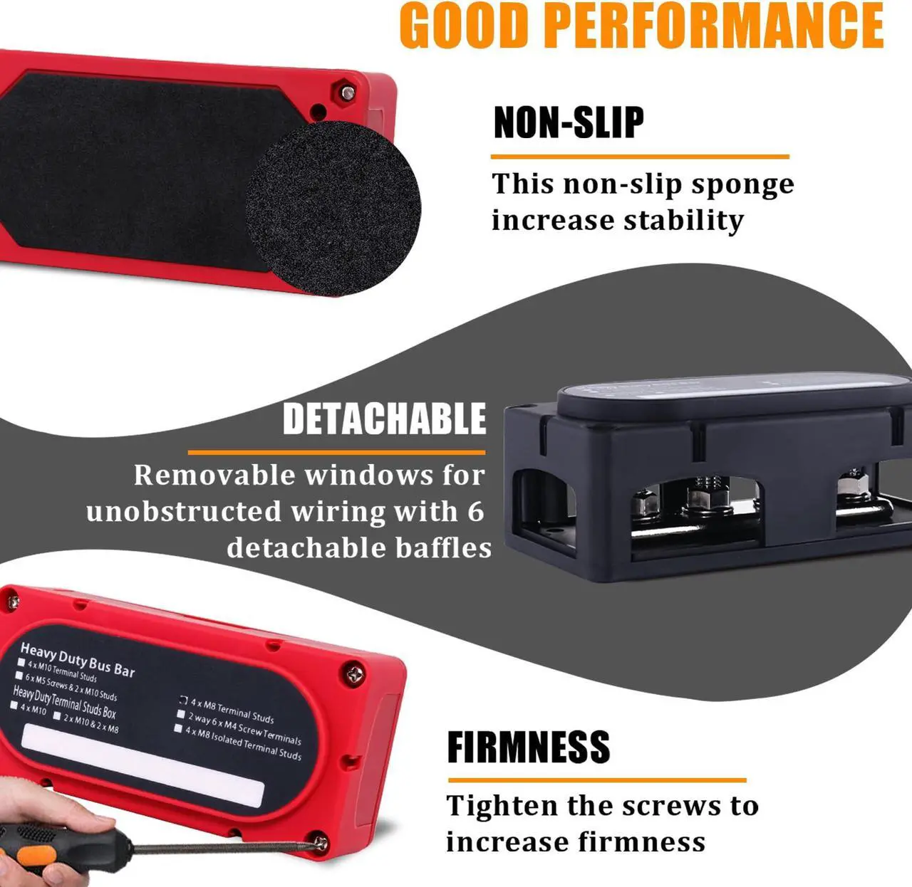 Alt view image 2 of 5 - Ailbiuko 300A Bus Bar Heavy Duty Module 12V 24V 48V DC Power Distribution Block Busbar Box with 4 x M8(5/16") Terminal Studs & Cable Lugs Heat Shrink Tubing for Marine RV Car Truck (Red & Black)