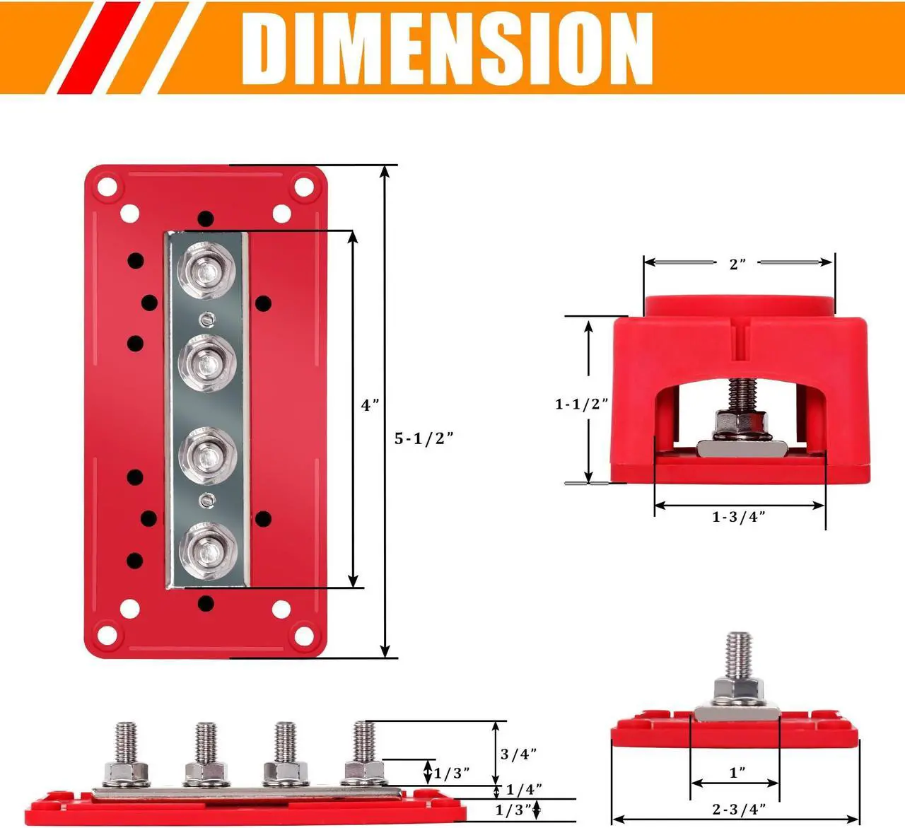 Alt view image 5 of 5 - Ailbiuko 300A Bus Bar Heavy Duty Module 12V 24V 48V DC Power Distribution Block Busbar Box with 4 x M8(5/16") Terminal Studs & Cable Lugs Heat Shrink Tubing for Marine RV Car Truck (Red & Black)