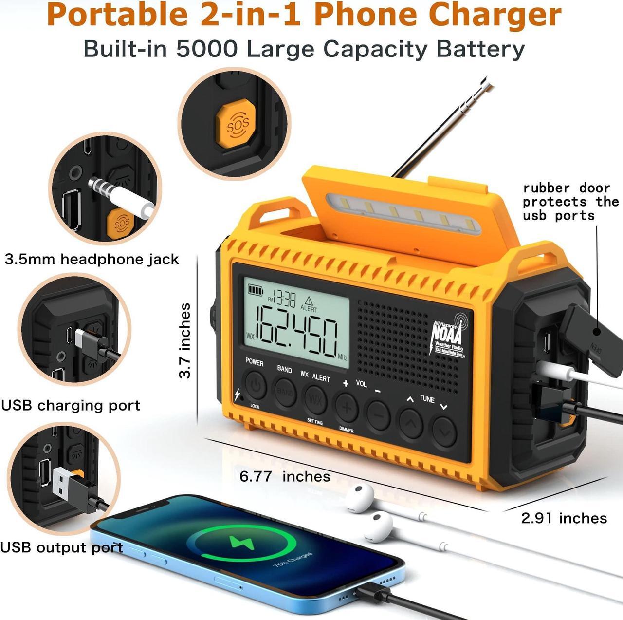 Alt view image 3 of 5 - Auto NOAA Emergency Weather Radio, Solar Hand Crank Radio,Portable Battery Operated Emergency Radio with AM FM Shortwave,USB Charger,LED Flashlight,Clock, SOS Alert for Home Outdoors Camping Survival