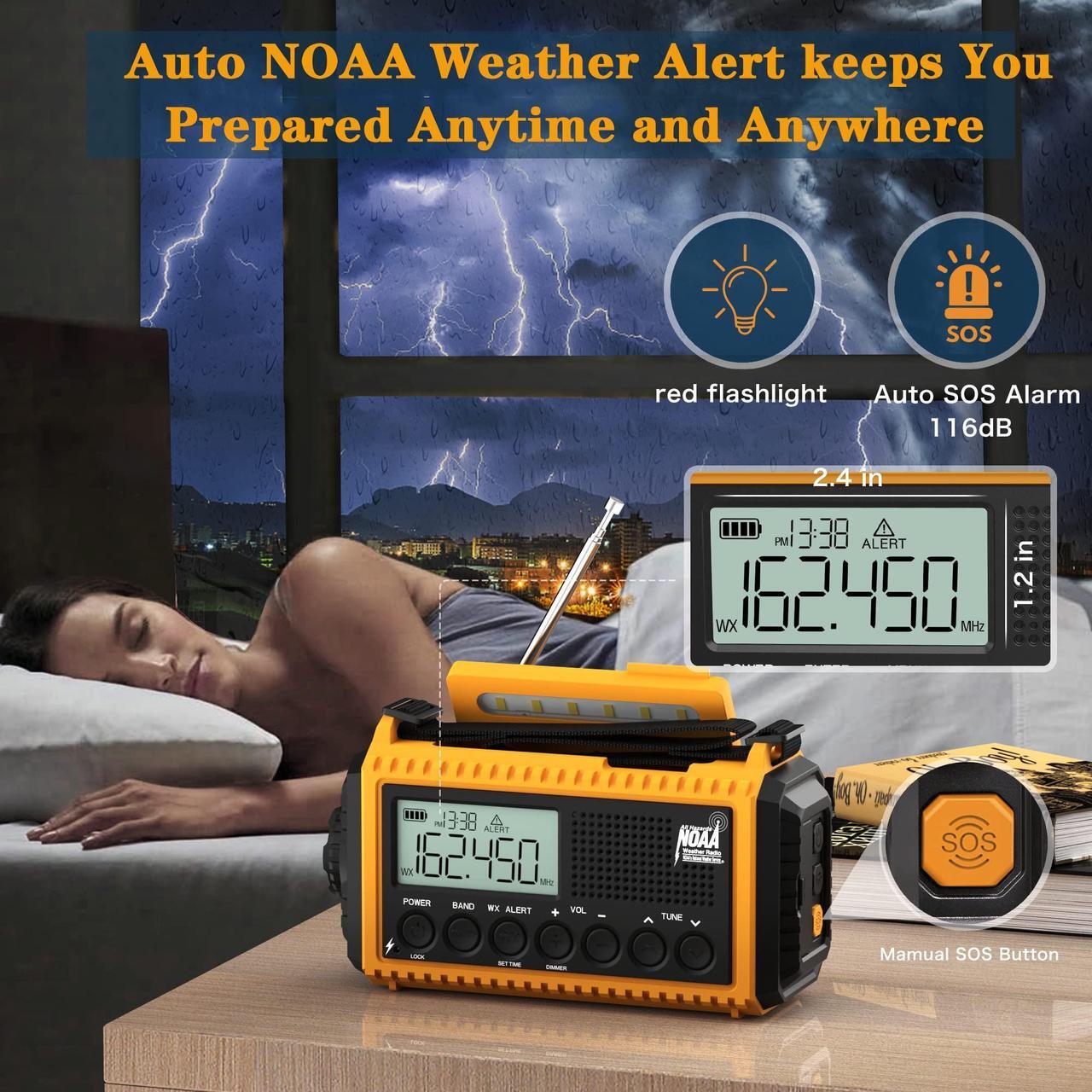 Alt view image 2 of 5 - Auto NOAA Emergency Weather Radio, Solar Hand Crank Radio,Portable Battery Operated Emergency Radio with AM FM Shortwave,USB Charger,LED Flashlight,Clock, SOS Alert for Home Outdoors Camping Survival