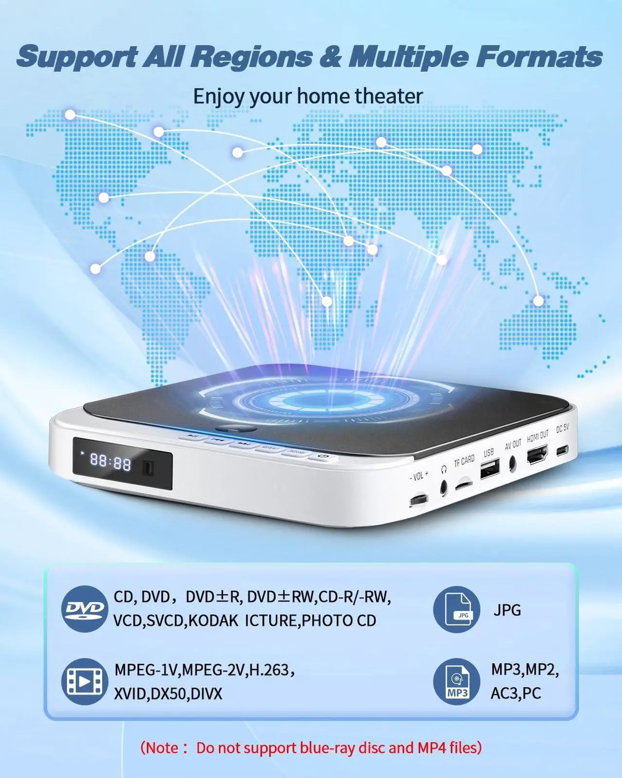 Alt view image 4 of 5 - HDMI DVD Players for TV, DESOBRY 1080P HD Mini DVD Player, Small DVD Player for TV with All Region Free, Compact DVD Player for Smart TV, Support AV Output, USB/TF Card Input, Remote Control,PAL/NTSC