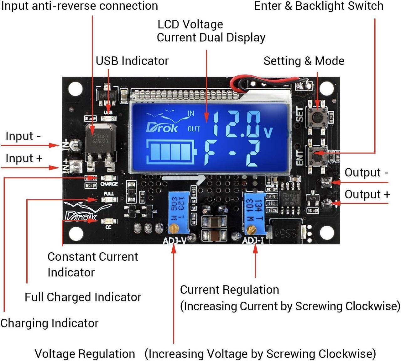 Alt view image 2 of 5 - DROK Adjustable Voltage Regulator, DC Buck Boost Converter 6-30V to 0.5-30V 4A 60W 5V 24V Voltage Converter, 12V Power Supply Step Up Step Down Transformer with USB Port Case LCD Display Volt Amp