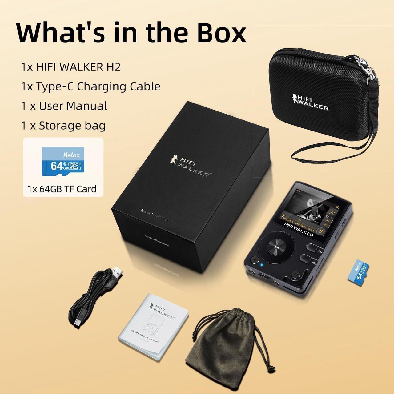 Alt view image 2 of 5 - HIFI WALKER H2 with Hard Carrying Case - HiFi MP3 Player with Bluetooth, Lossless DSD DAC Flac, High Resolution Music Player, Portable Audio Player with 64 GB Memory Card, Supports up to 256 GB