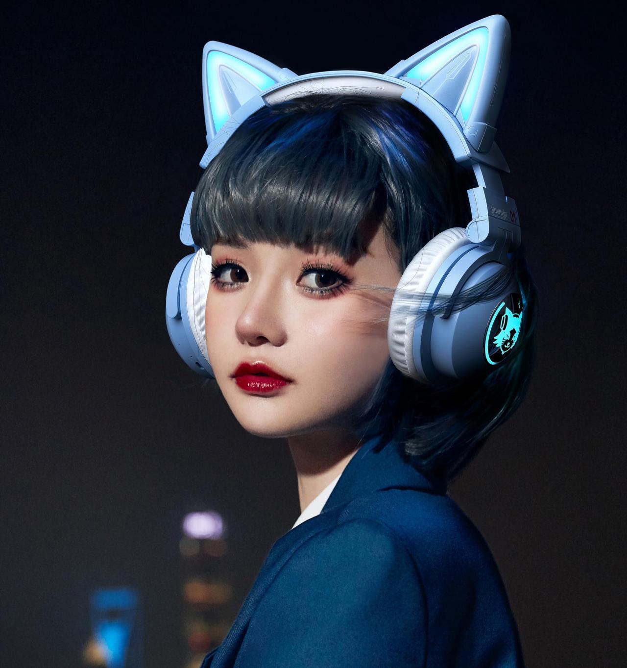 Alt view image 2 of 5 - Axent Wear New Edition Wireless Cat Ear Headphones (12 Color Changing) 3.5mm Jack, Bluetooth&Wired connection (Blue)