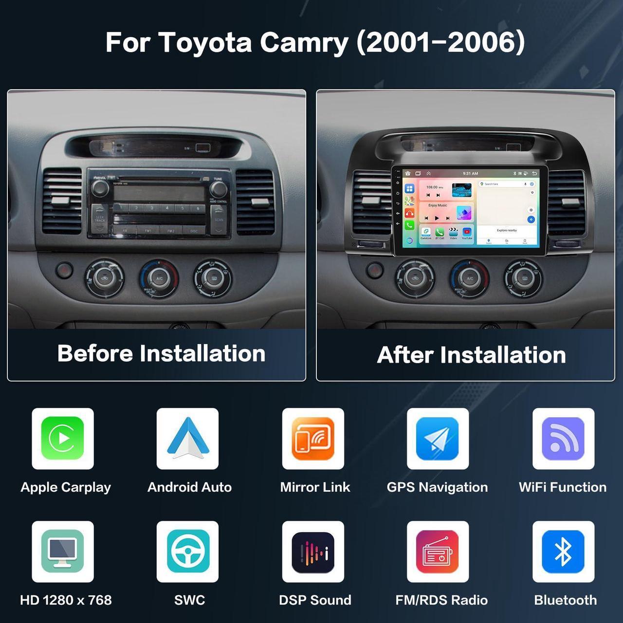 Alt view image 2 of 5 - Inefala 8-Core 4+64G Android Car Stereo Screen for Toyota Camry 2001-2006 Radio Upgrade, 9'' Touch Screen with Wireless CarPlay Android Auto, Mirror Link, GPS Navigation, AHD Backup Camera
