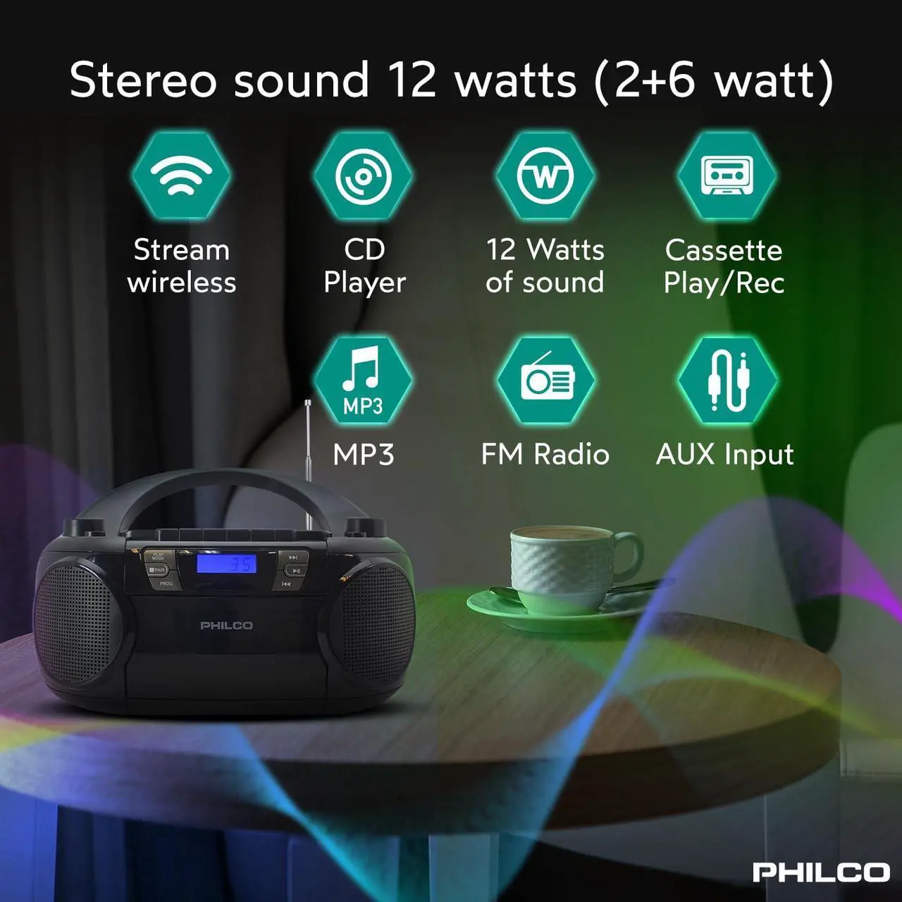 Alt view image 2 of 5 - Philco Bluetooth CD Boombox with Cassette, MP3 CD USB Playback The Ultimate Retro Music Combo with Best Class Sound Performance, 12 watts, and telescopic FM antenna provides maximum radio reception