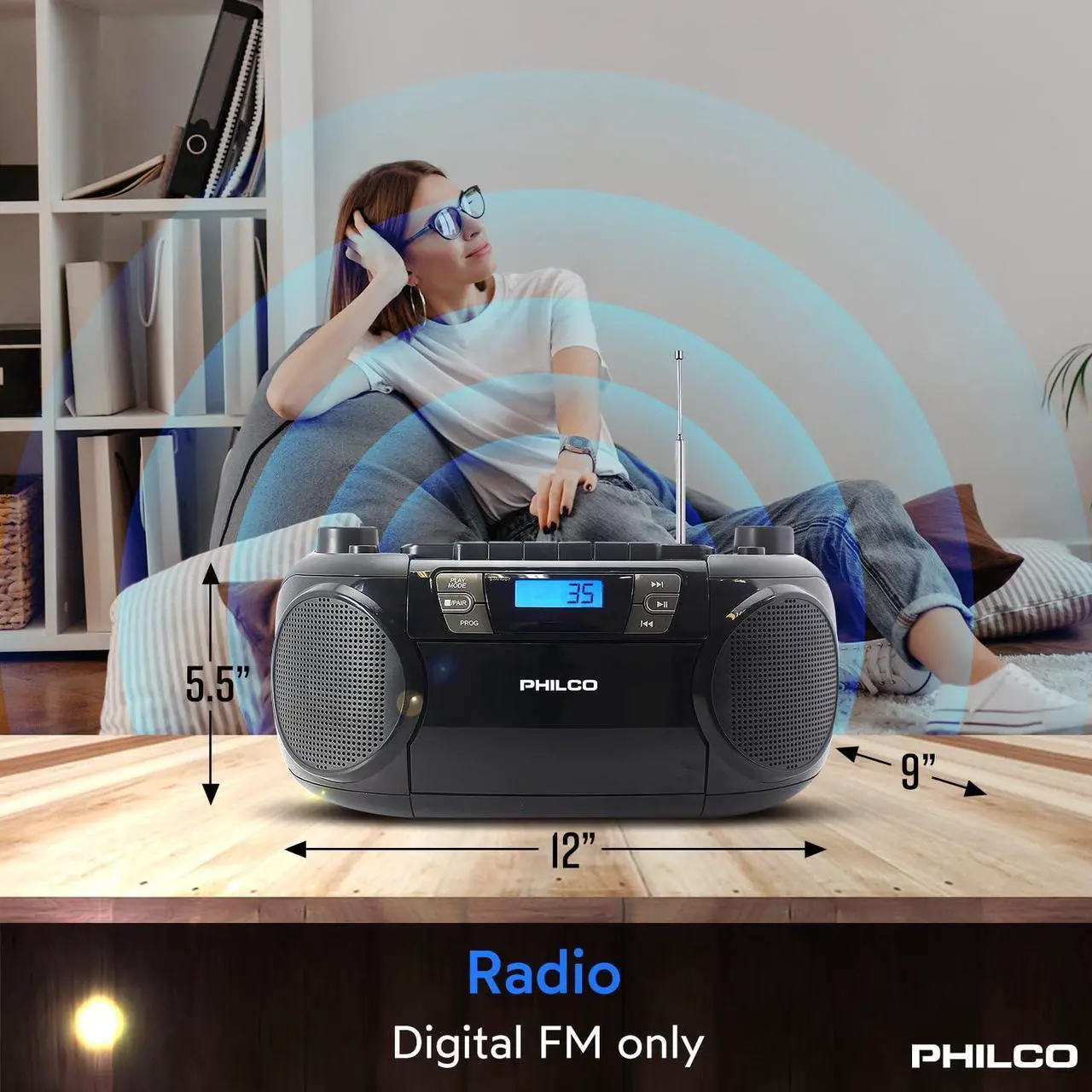 Alt view image 3 of 5 - Philco Bluetooth CD Boombox with Cassette, MP3 CD USB Playback The Ultimate Retro Music Combo with Best Class Sound Performance, 12 watts, and telescopic FM antenna provides maximum radio reception
