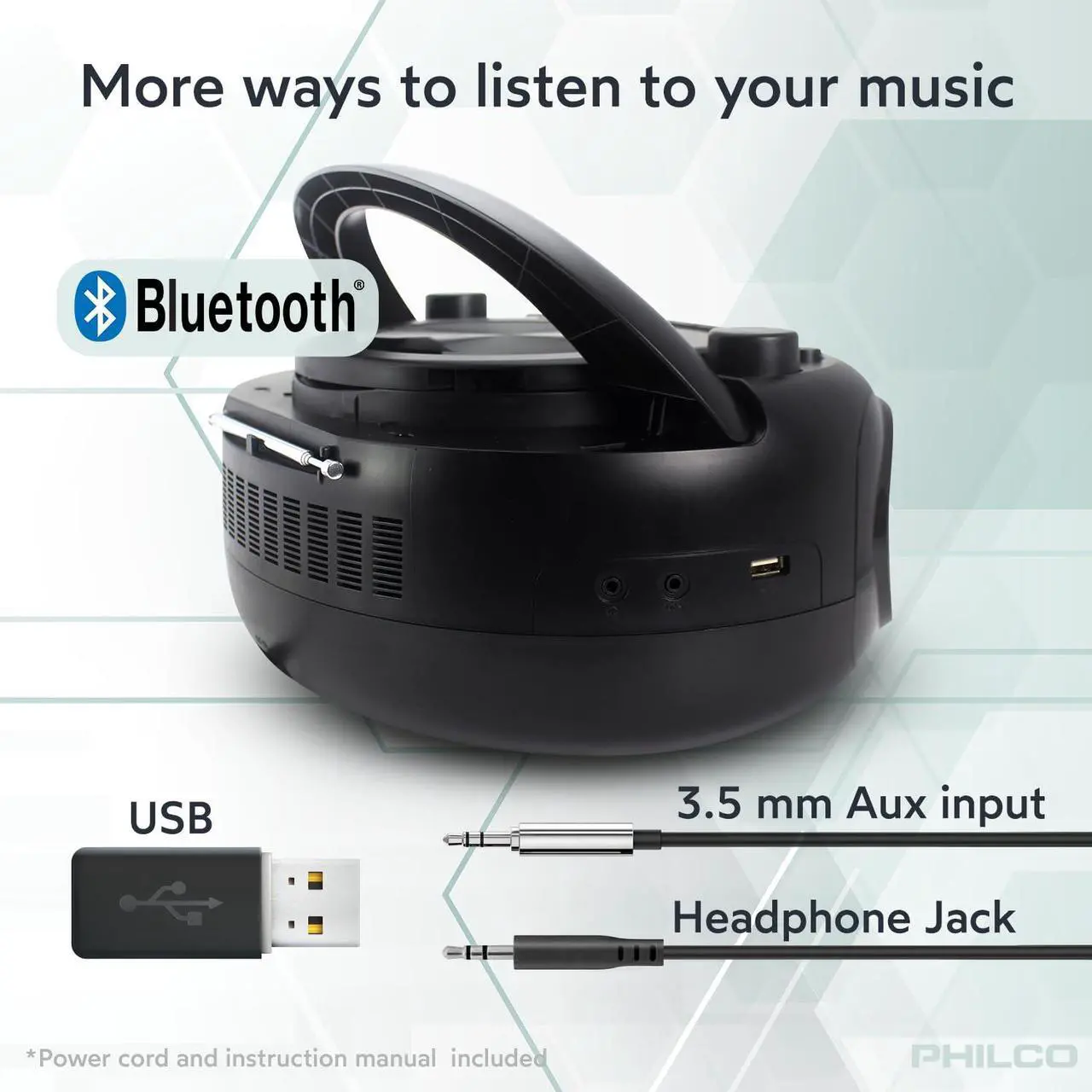 Alt view image 5 of 5 - Philco Bluetooth CD Boombox with Cassette, MP3 CD USB Playback The Ultimate Retro Music Combo with Best Class Sound Performance, 12 watts, and telescopic FM antenna provides maximum radio reception
