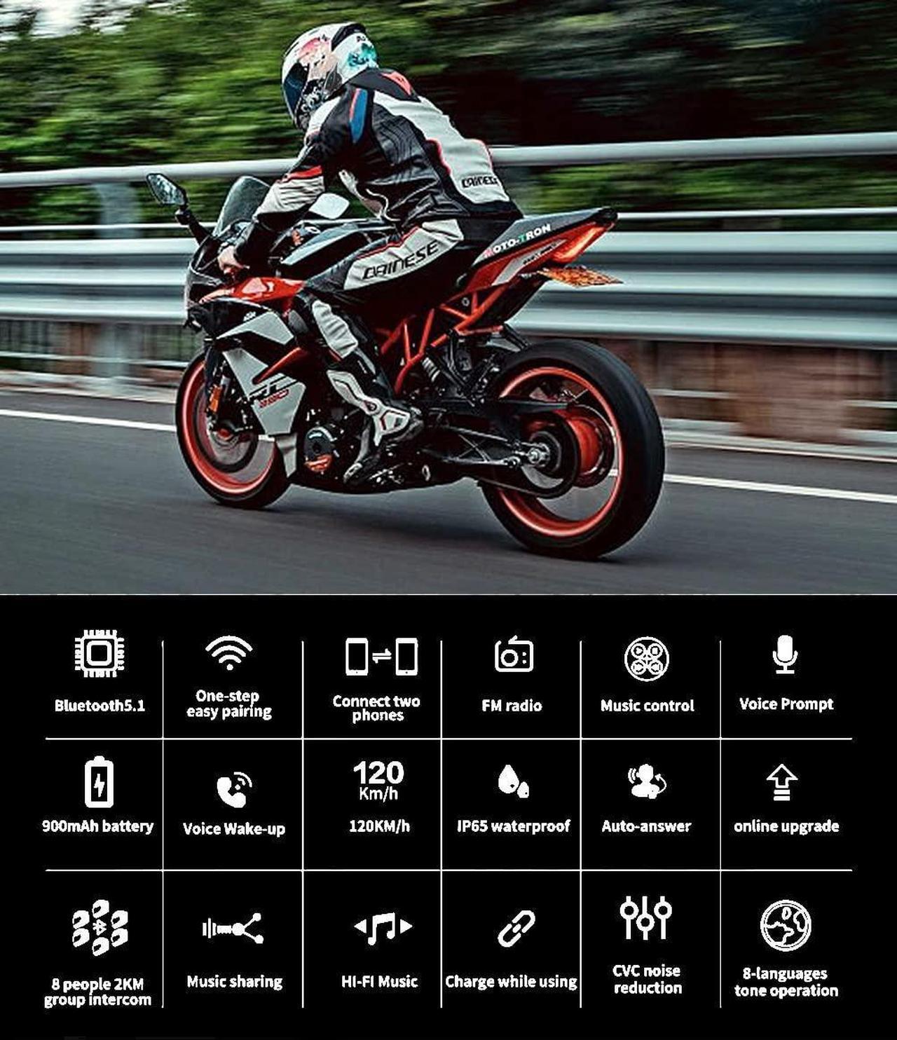 Alt view image 2 of 5 - QSPORTPEAK Motorcycle Helmet Bluetooth Intercom Headset Communication Systems Kit, Shark08 Full Duplex 8 Riders Group Helmet Intercom/FM Radio/Voice Prompt/MP3/GPS/Range 1500m/IP67 Waterproof