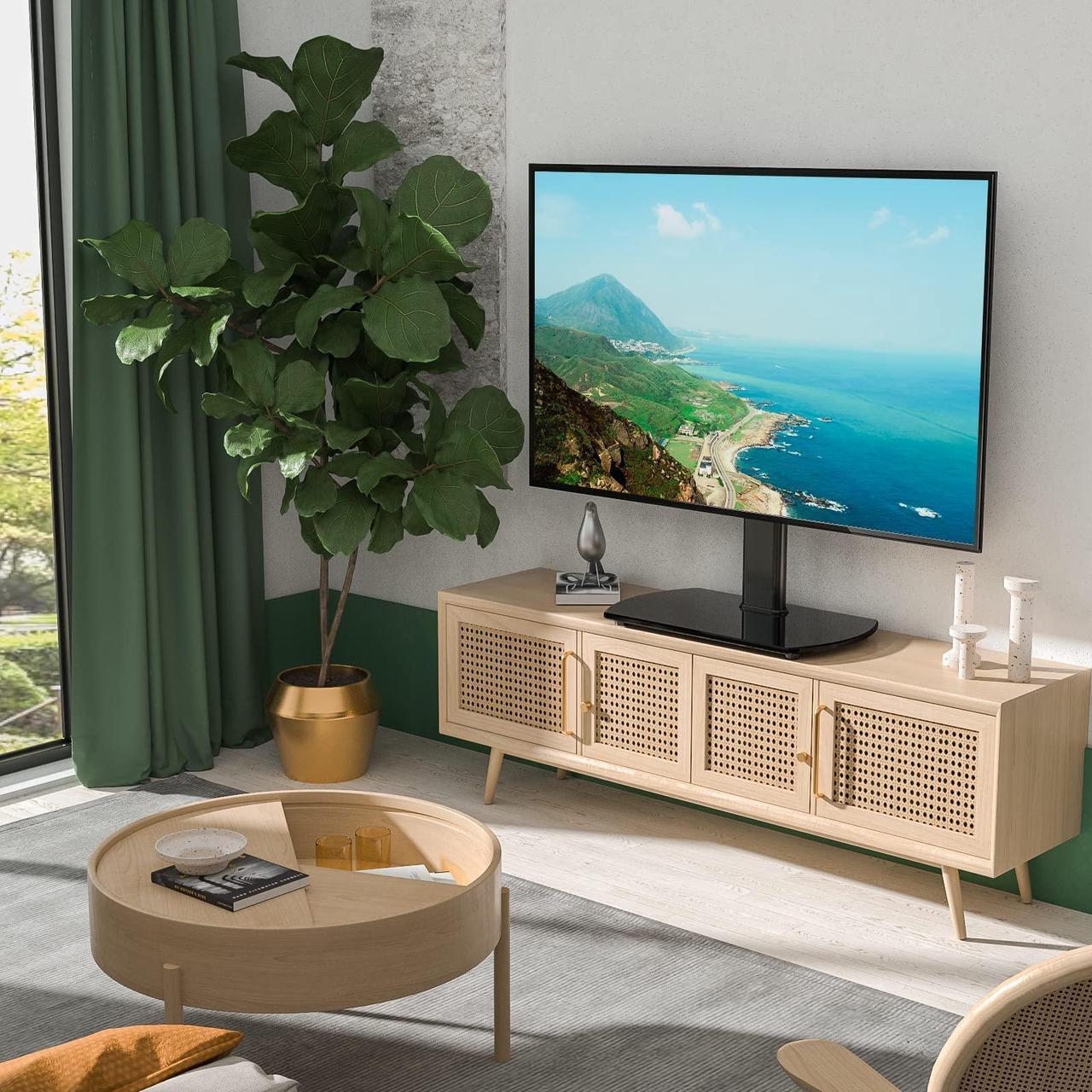 Alt view image 2 of 5 - Universal Swivel Table Top TV Stand Base Replacement for 27 32 37 39 40 43 49 50 55 60 Inch LCD LED Flat Screens up to 88 lbs, Height Adjustable Pedestal TV Mount with Tempered Glass Base