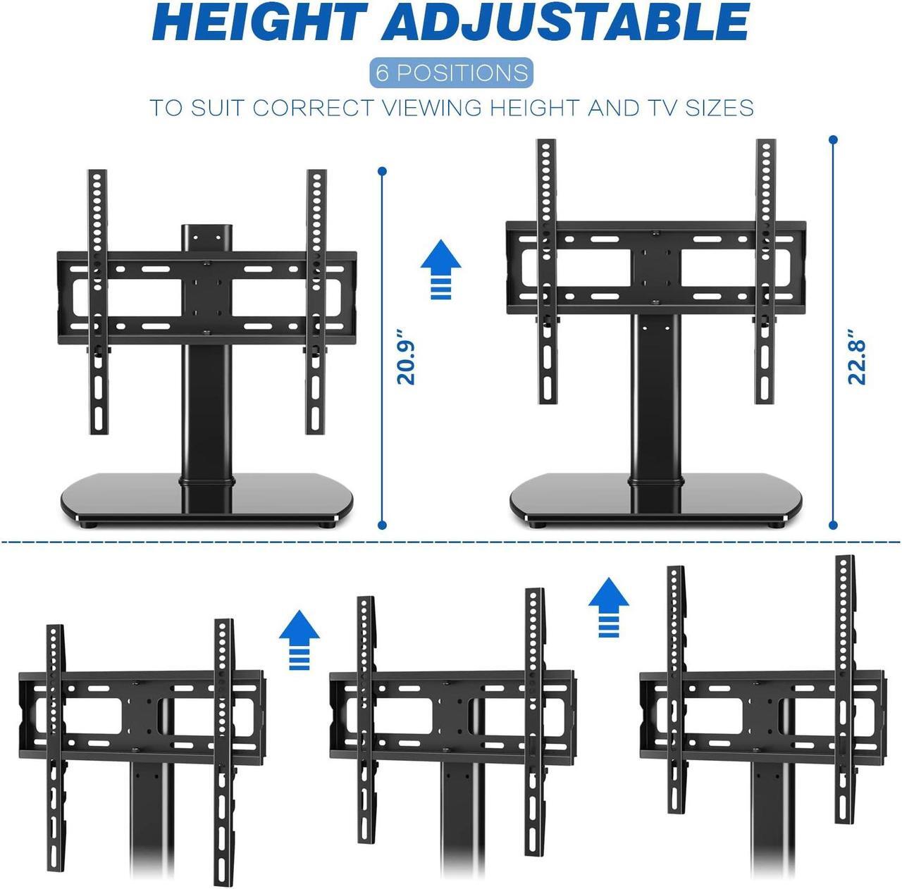 Alt view image 4 of 5 - Universal Swivel Table Top TV Stand Base Replacement for 27 32 37 39 40 43 49 50 55 60 Inch LCD LED Flat Screens up to 88 lbs, Height Adjustable Pedestal TV Mount with Tempered Glass Base
