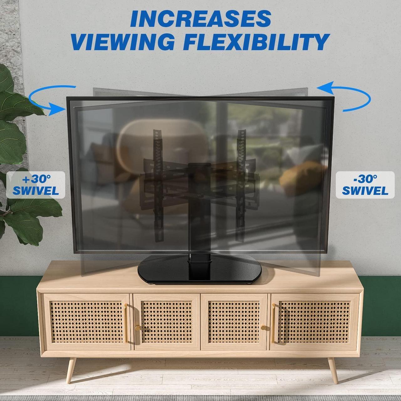 Alt view image 3 of 5 - Universal Swivel Table Top TV Stand Base Replacement for 27 32 37 39 40 43 49 50 55 60 Inch LCD LED Flat Screens up to 88 lbs, Height Adjustable Pedestal TV Mount with Tempered Glass Base