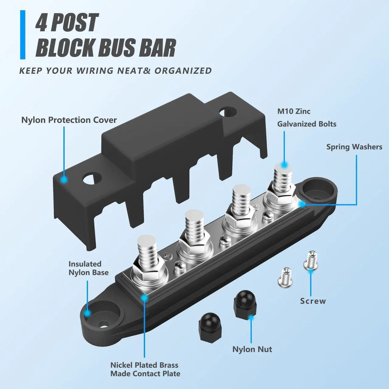 Alt view image 2 of 5 - VenxyKod Bus Bar 3/8" Power Distribution Block 250A 12V Terminal Block 4 Studs Junction Block Max 48V with Cover Automotive Marine Busbar(Negative and Positive)