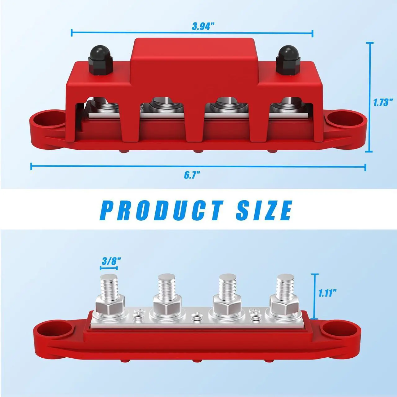 Alt view image 3 of 5 - VenxyKod Bus Bar 3/8" Power Distribution Block 250A 12V Terminal Block 4 Studs Junction Block Max 48V with Cover Automotive Marine Busbar(Negative and Positive)