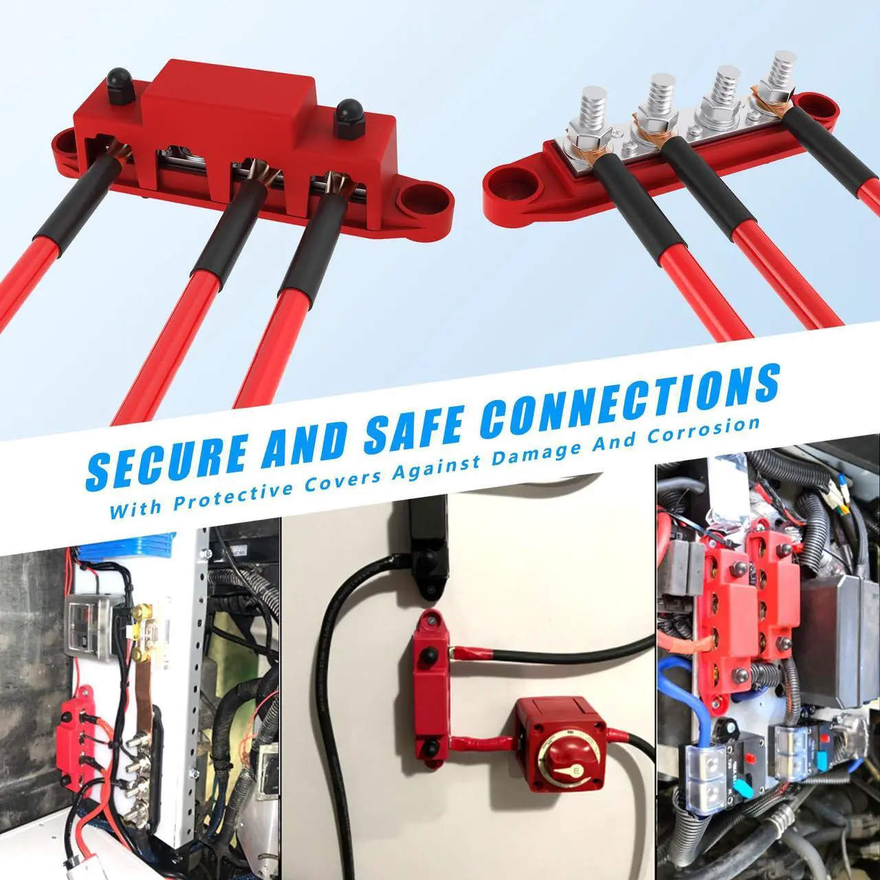 Alt view image 5 of 5 - VenxyKod Bus Bar 3/8" Power Distribution Block 250A 12V Terminal Block 4 Studs Junction Block Max 48V with Cover Automotive Marine Busbar(Negative and Positive)