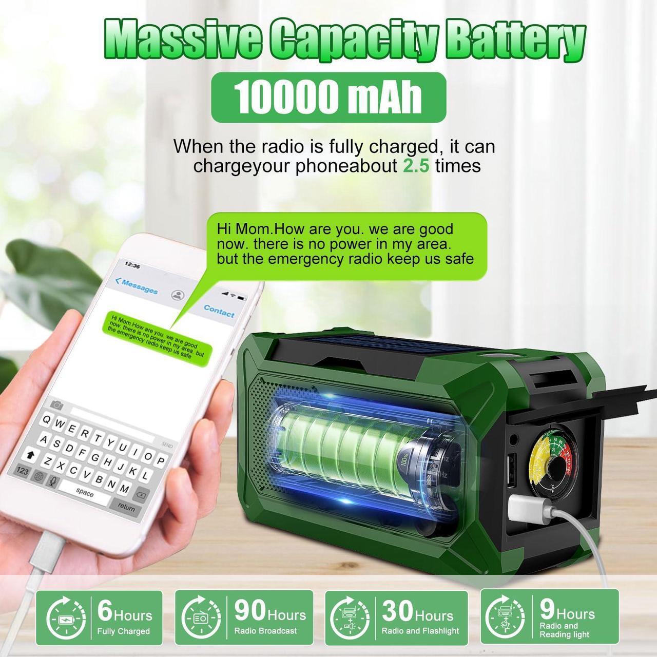 Alt view image 2 of 5 - 10000mAh Emergency Hand Crank Radio with LED Flashlight, AM/FM NOAA Portable Weather Alert Radio, Solar Powered Radio with Phone Charger, USB Charged, Headphone Jack, SOS Alarm, Compass for Outdoors