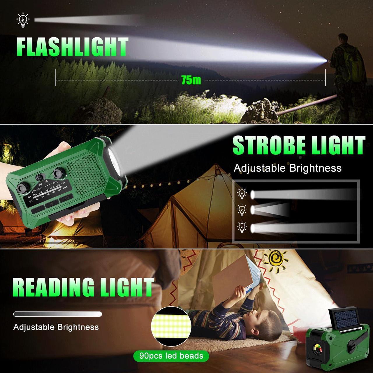 Alt view image 5 of 5 - 10000mAh Emergency Hand Crank Radio with LED Flashlight, AM/FM NOAA Portable Weather Alert Radio, Solar Powered Radio with Phone Charger, USB Charged, Headphone Jack, SOS Alarm, Compass for Outdoors