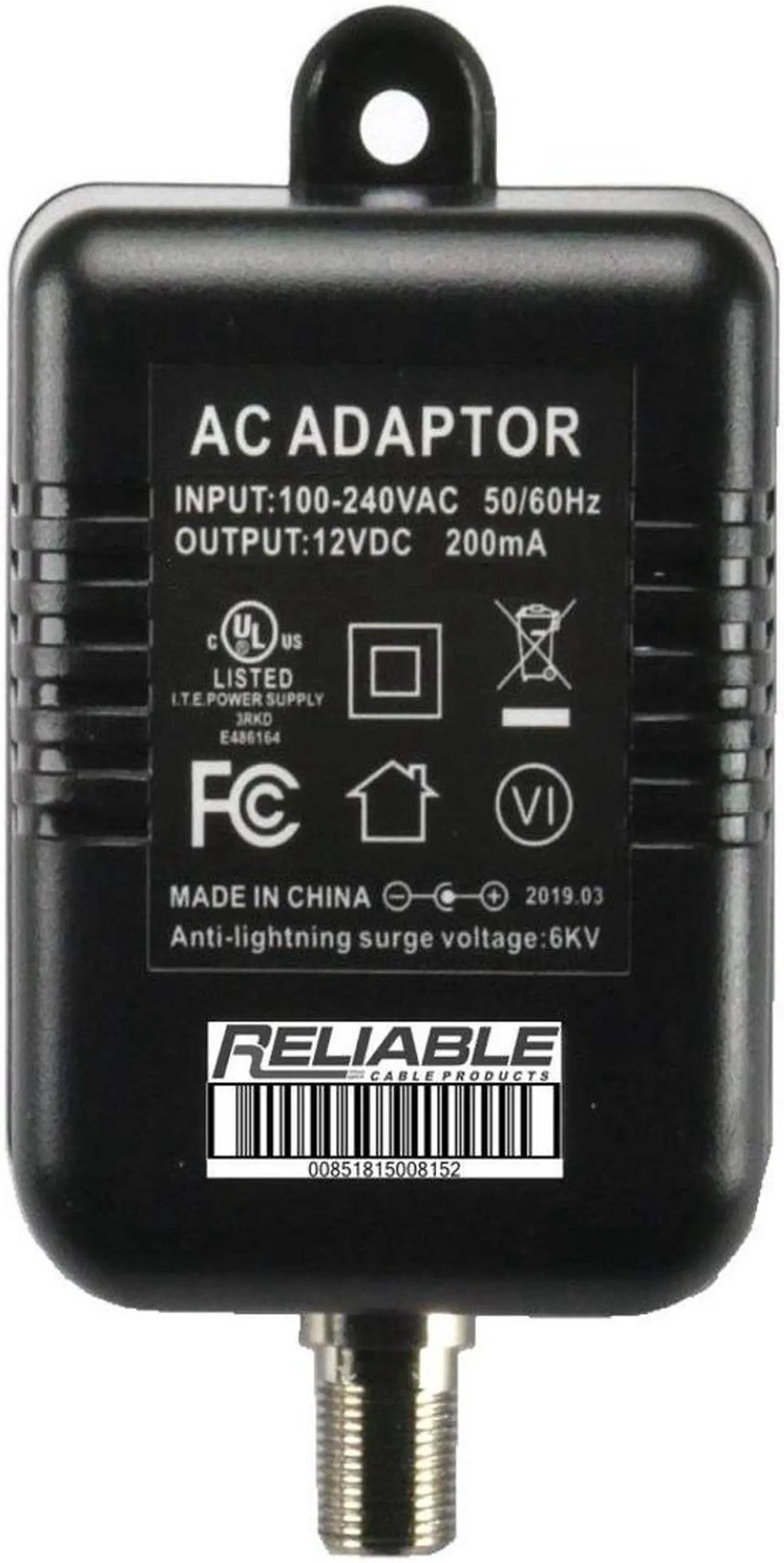 Main image of Reliable Cable Power Supply, High Efficiency OEM Replacement Wall Mount Coax Coaxial Power Adapter for CATV Drop Amplifiers 12V 200mA (0.2A) with F-Type Connection, DoE Level VI Rated