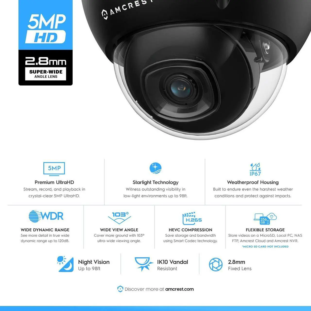 Alt view image 2 of 5 - Amcrest 2-Pack 5MP POE Camera, Outdoor Vandal Dome Security POE IP Camera, 5-Megapixel, 98ft NightVision, 2.8mm Lens, IP67, IK10 Resistance, MicroSD 256GB (Sold Separately) (IP5M-D1188EB-28MM)
