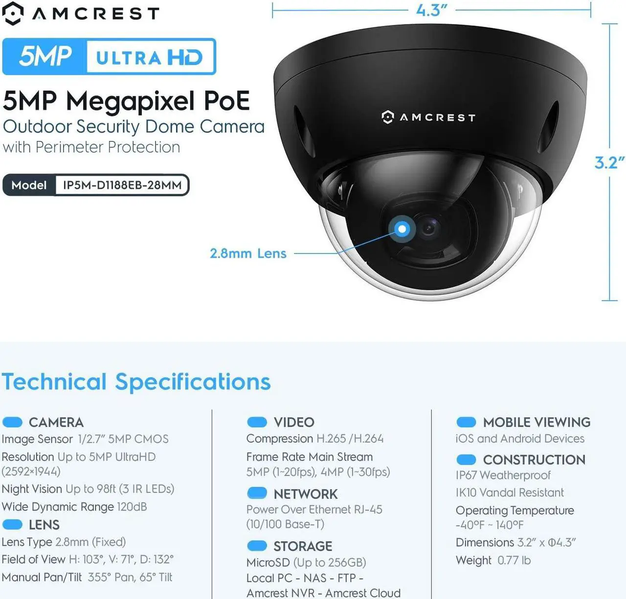 Alt view image 4 of 5 - Amcrest 2-Pack 5MP POE Camera, Outdoor Vandal Dome Security POE IP Camera, 5-Megapixel, 98ft NightVision, 2.8mm Lens, IP67, IK10 Resistance, MicroSD 256GB (Sold Separately) (IP5M-D1188EB-28MM)