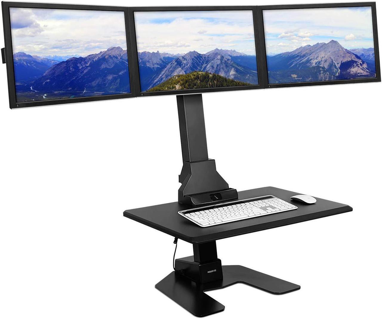 Main image of Mount-It! Triple Monitor Electric Standing Desk Converter - 3 Screens Stand Up Desk Riser - Height Adjustable Desktop & 3 Mounts for Screens up to 32", Sit-Stand Convertor for Home, Office, School