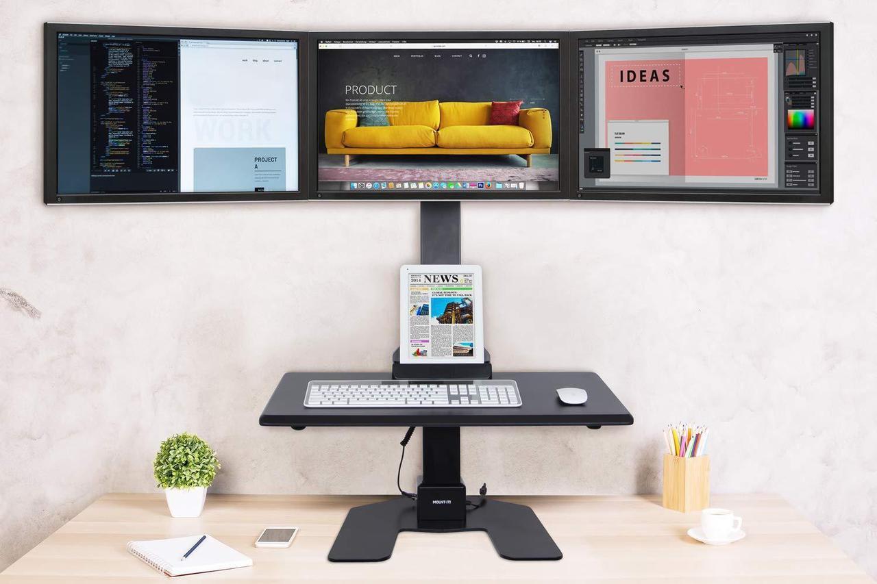 Alt view image 2 of 5 - Mount-It! Triple Monitor Electric Standing Desk Converter - 3 Screens Stand Up Desk Riser - Height Adjustable Desktop & 3 Mounts for Screens up to 32", Sit-Stand Convertor for Home, Office, School