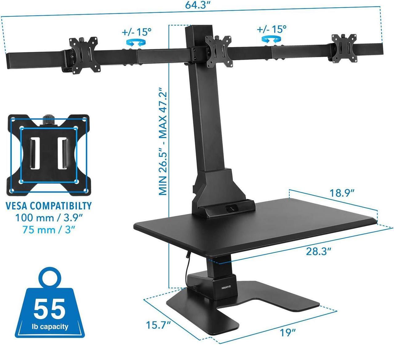 Alt view image 4 of 5 - Mount-It! Triple Monitor Electric Standing Desk Converter - 3 Screens Stand Up Desk Riser - Height Adjustable Desktop & 3 Mounts for Screens up to 32", Sit-Stand Convertor for Home, Office, School