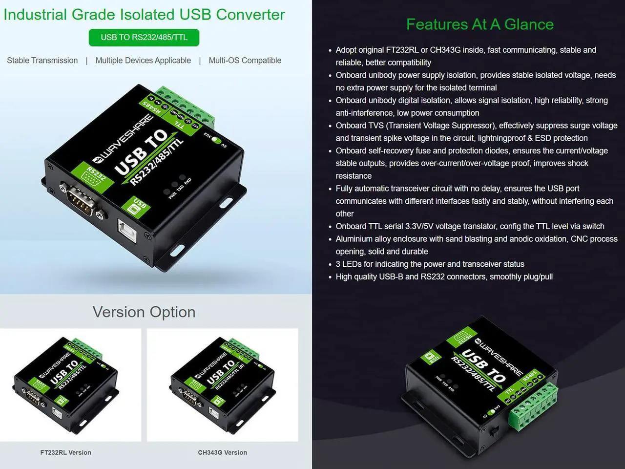 Alt view image 2 of 5 - waveshare USB to RS485/RS232/TTL Converter Industrial Grade Isolated USB Adapter with CH343G Chip, Support Linux, Android, Windows 11/10 / 8.1/8 / 7, etc. Multi-Protocol/Multi-Type Conversion