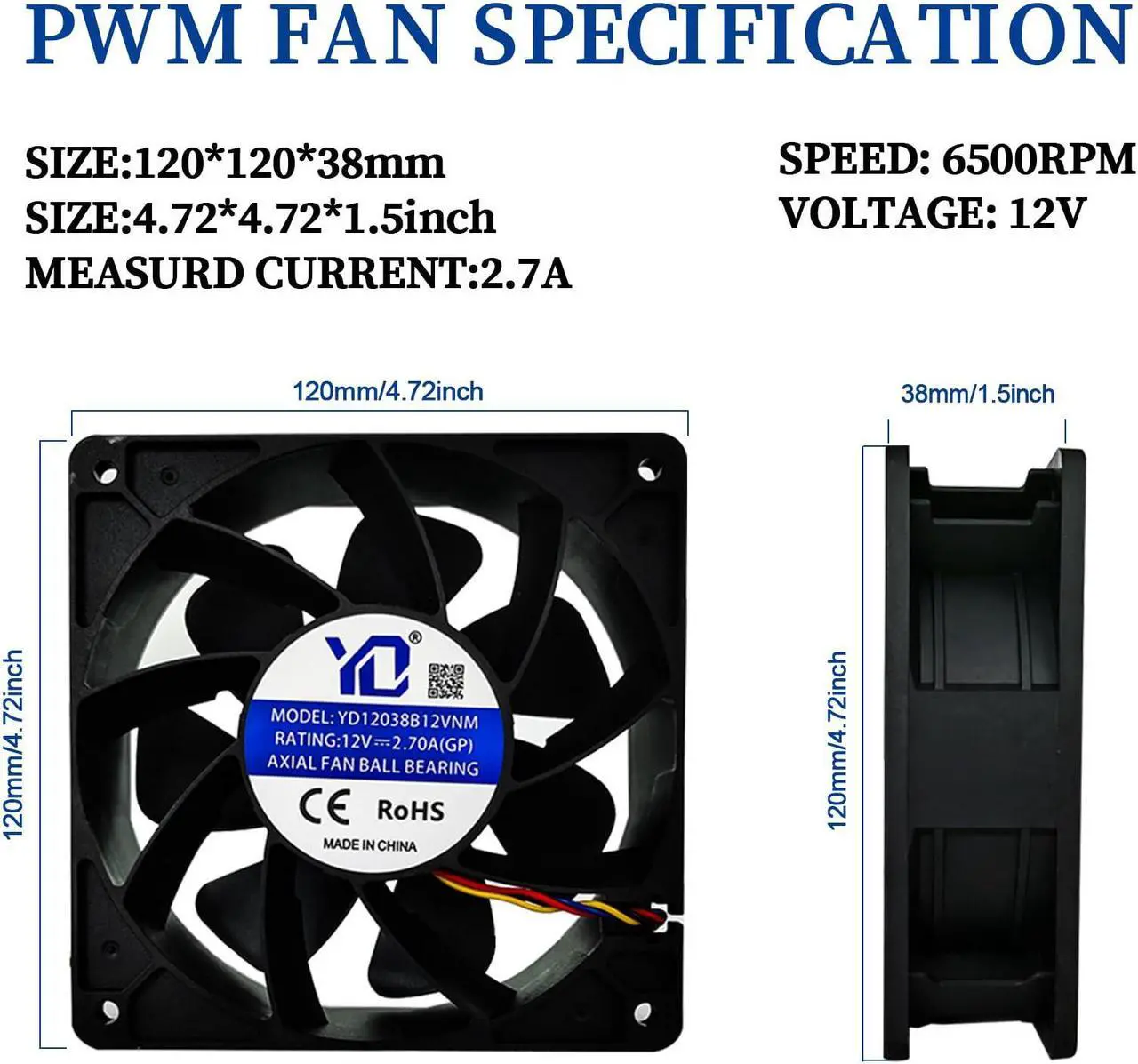 Alt view image 5 of 5 - Mining Fan for Antminer S19/S17+/T17/S9/S19J Miner Mining Machine, Ball Bearings 6000RPM High Speed Replacement Miner Cooling Fan,120x38mm, 4Pin, DC12V, 2.7A - 2 PACK