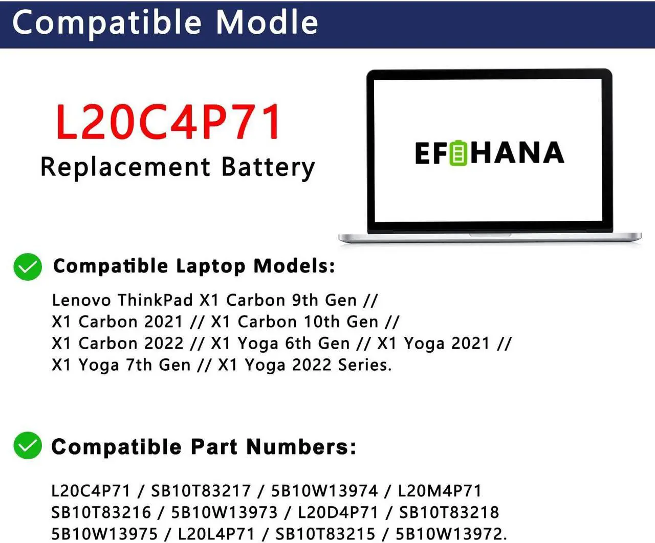 Alt view image 5 of 5 - L20C4P71 SB10T83217 5B10W13974 L20D4P71 L20L4P71 Laptop Battery Replacement for Lenovo ThinkPad X1 Carbon 9th 10th 11th Gen 10th Gen X1 Yoga 6th 7th Gen 2021 Series L20M4P71 L20D4P71 SB10T83216
